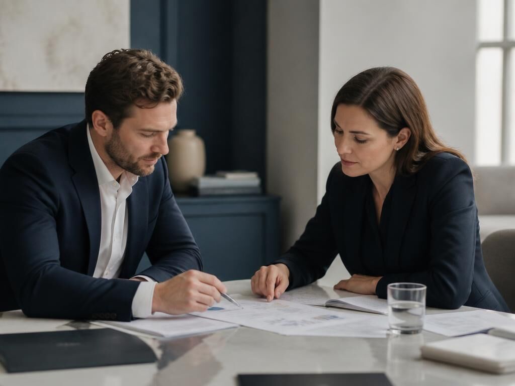 Two partners reviewing printed strategy documents together